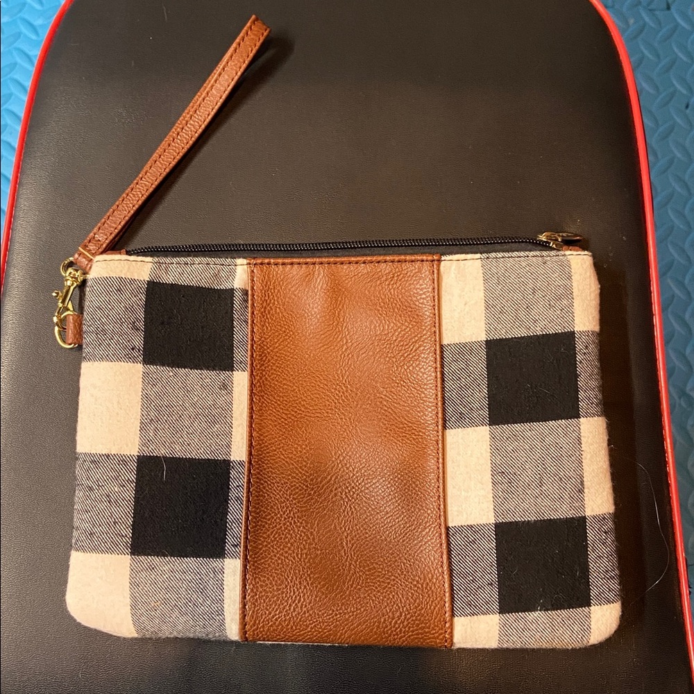 Plaid and Brown Leather Wristlet